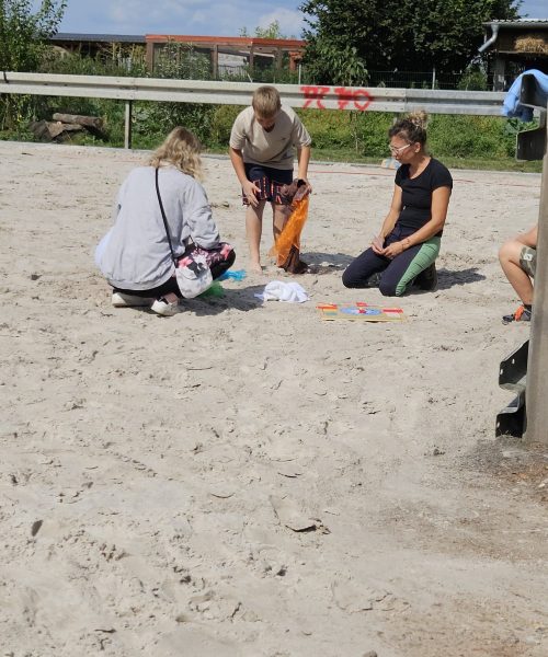 Familie spielt auf Pferdekoppel